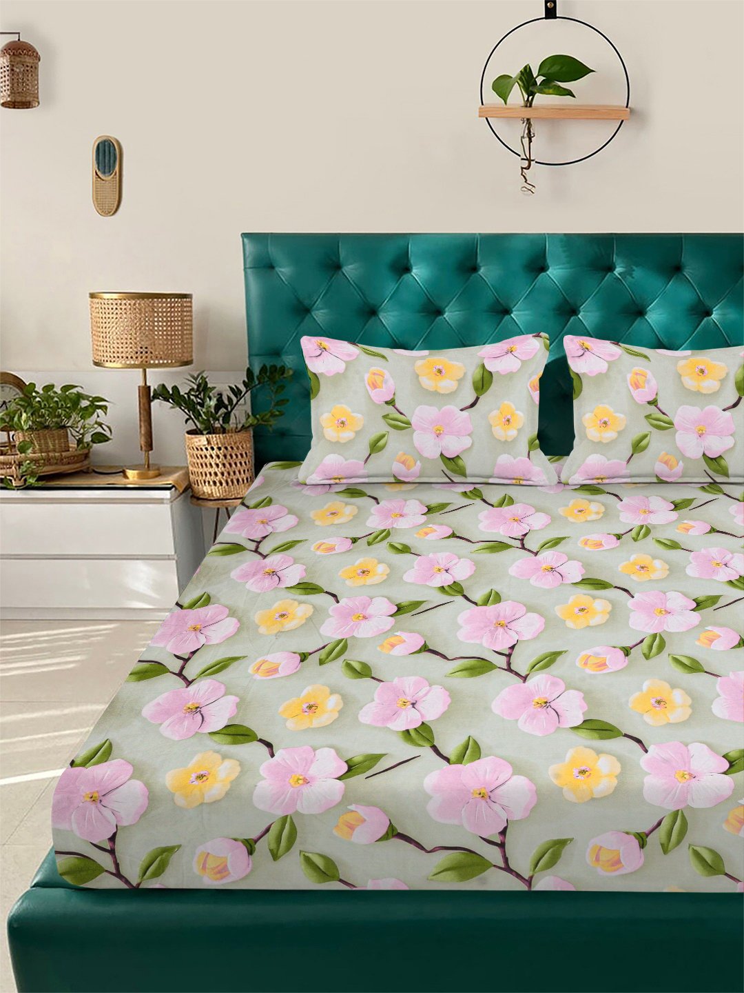 Green Floral 7D King Size Cotton Blend Double Bedsheet with 2 Pillow Covers