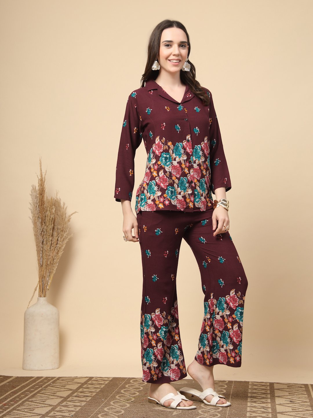 Wine Cotton Printed Shirt With Trousers Co-Ords Set