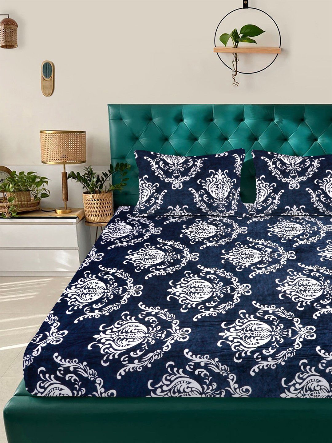 Blue Floral Super King Woolen Fitted Double Bedsheet with 2 Pillow Covers
