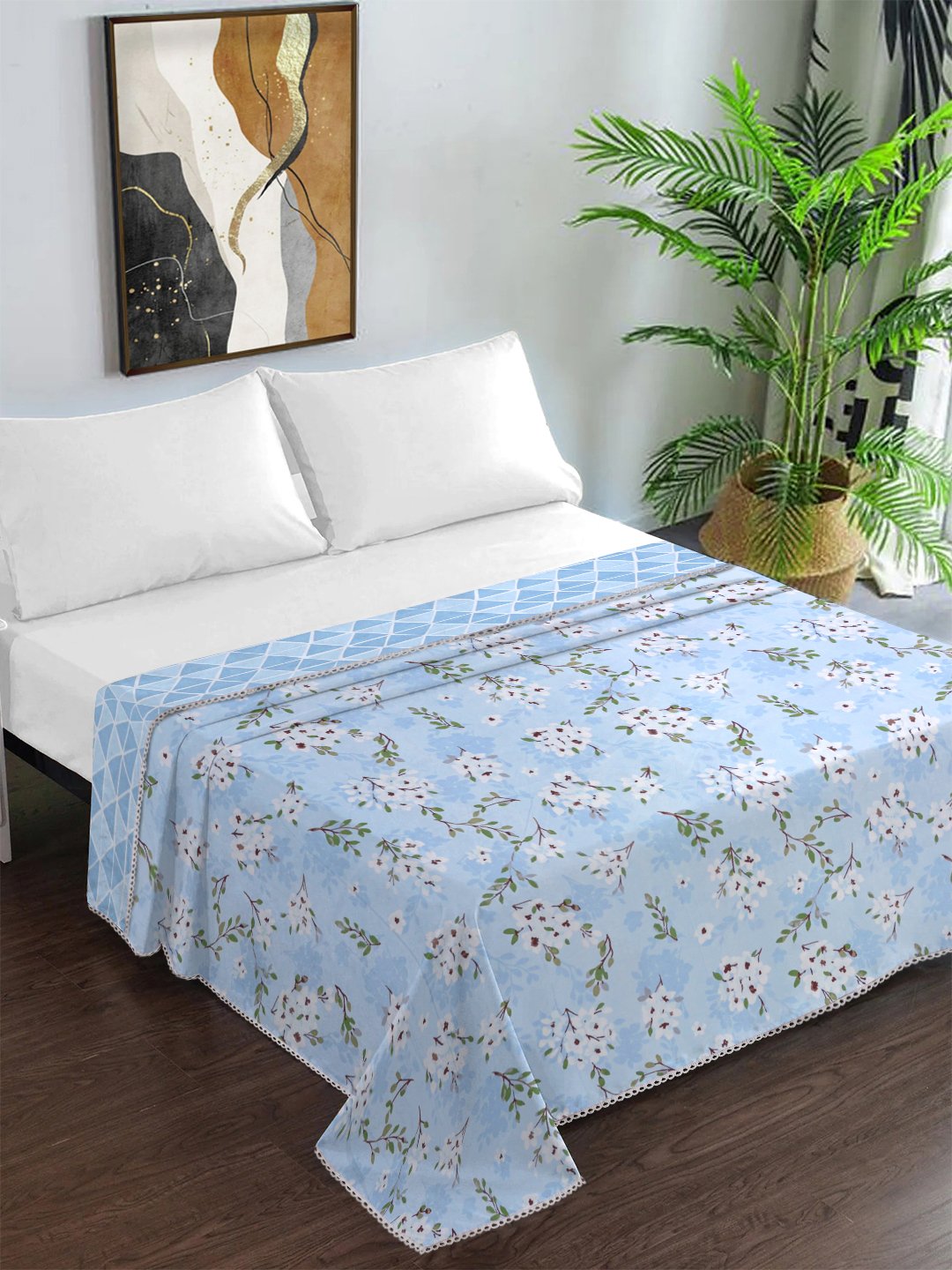 Blue Cotton Blend Floral Double Bed Dohar