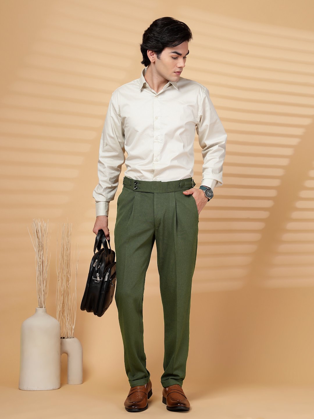 Olive Lycra Cotton Solid Smart Fit Formal Trouser
