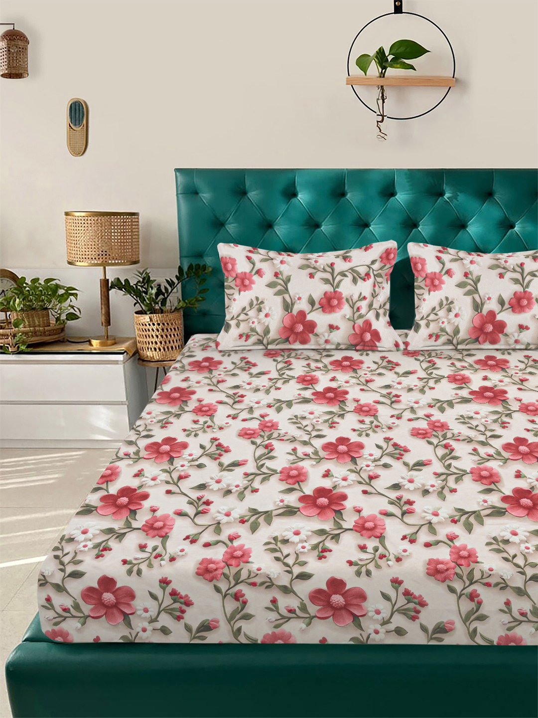 Cream Floral 7D King Size Cotton Blend Fitted Double Bedsheet with 2 Pillow Covers