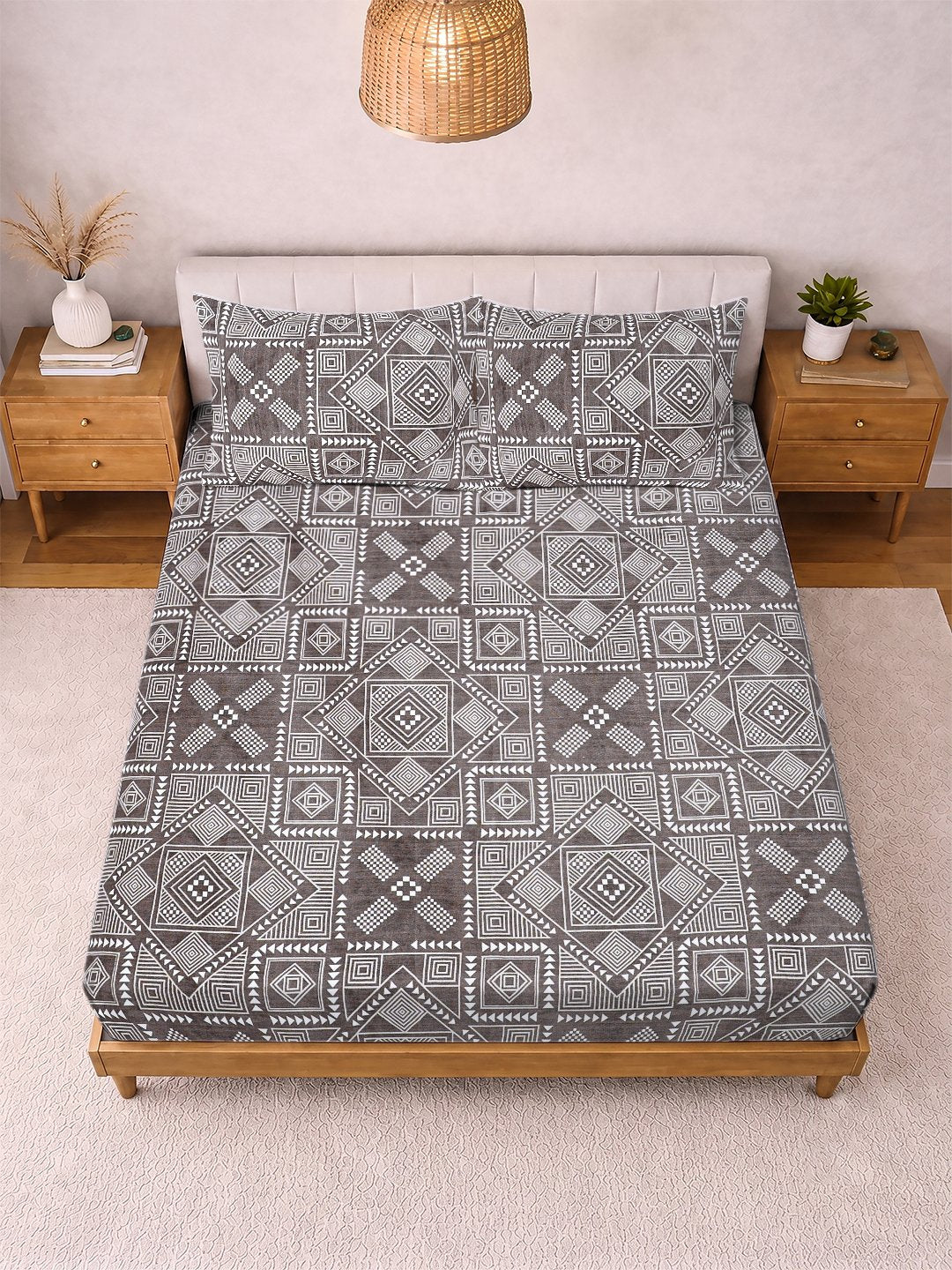Brown Geometric Cotton Blend Double Bedsheet with 2 Pillow Covers
