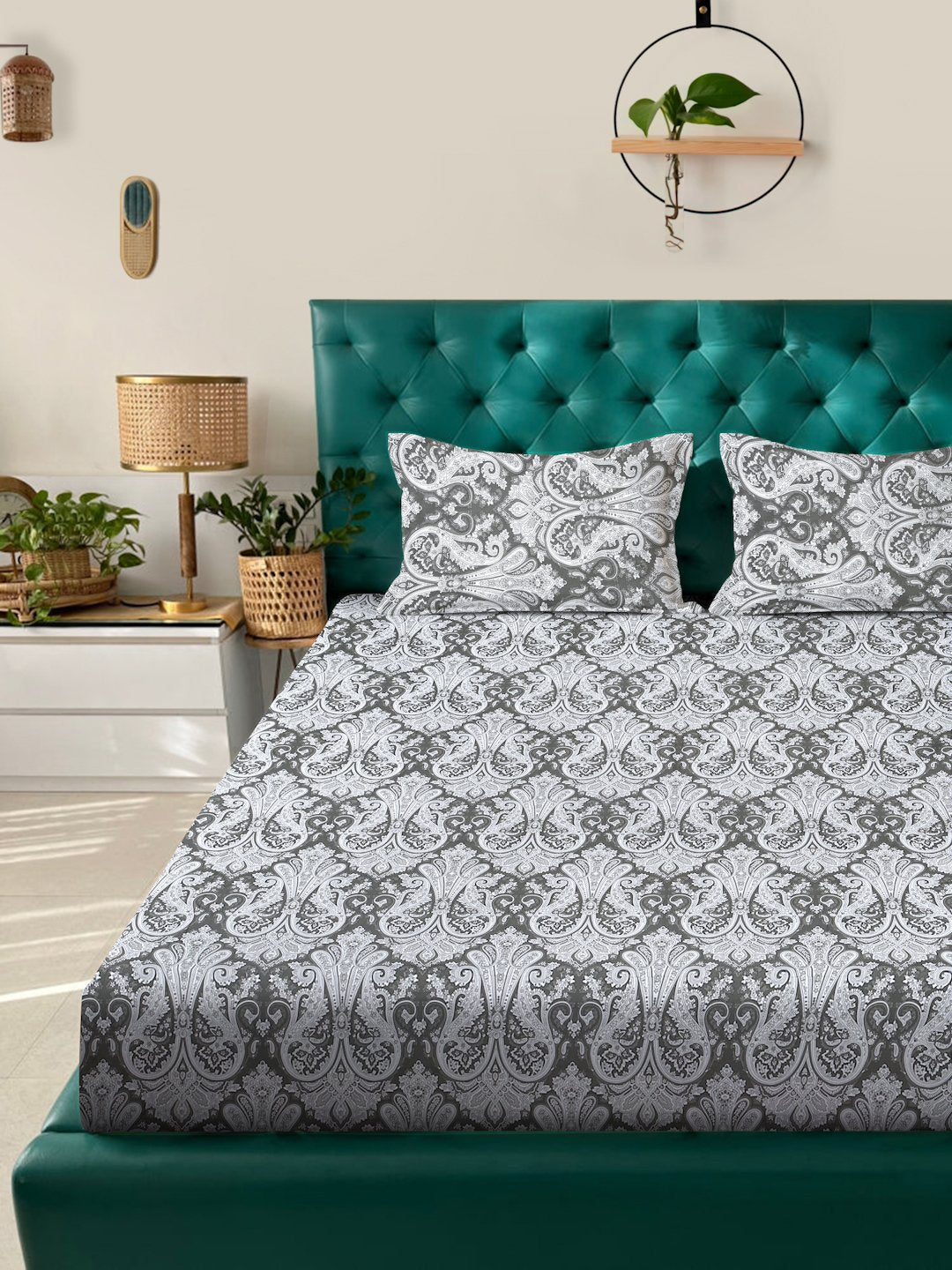 Olive Floral 400 TC Pure Cotton Double Bedsheet with 2 Pillow Covers