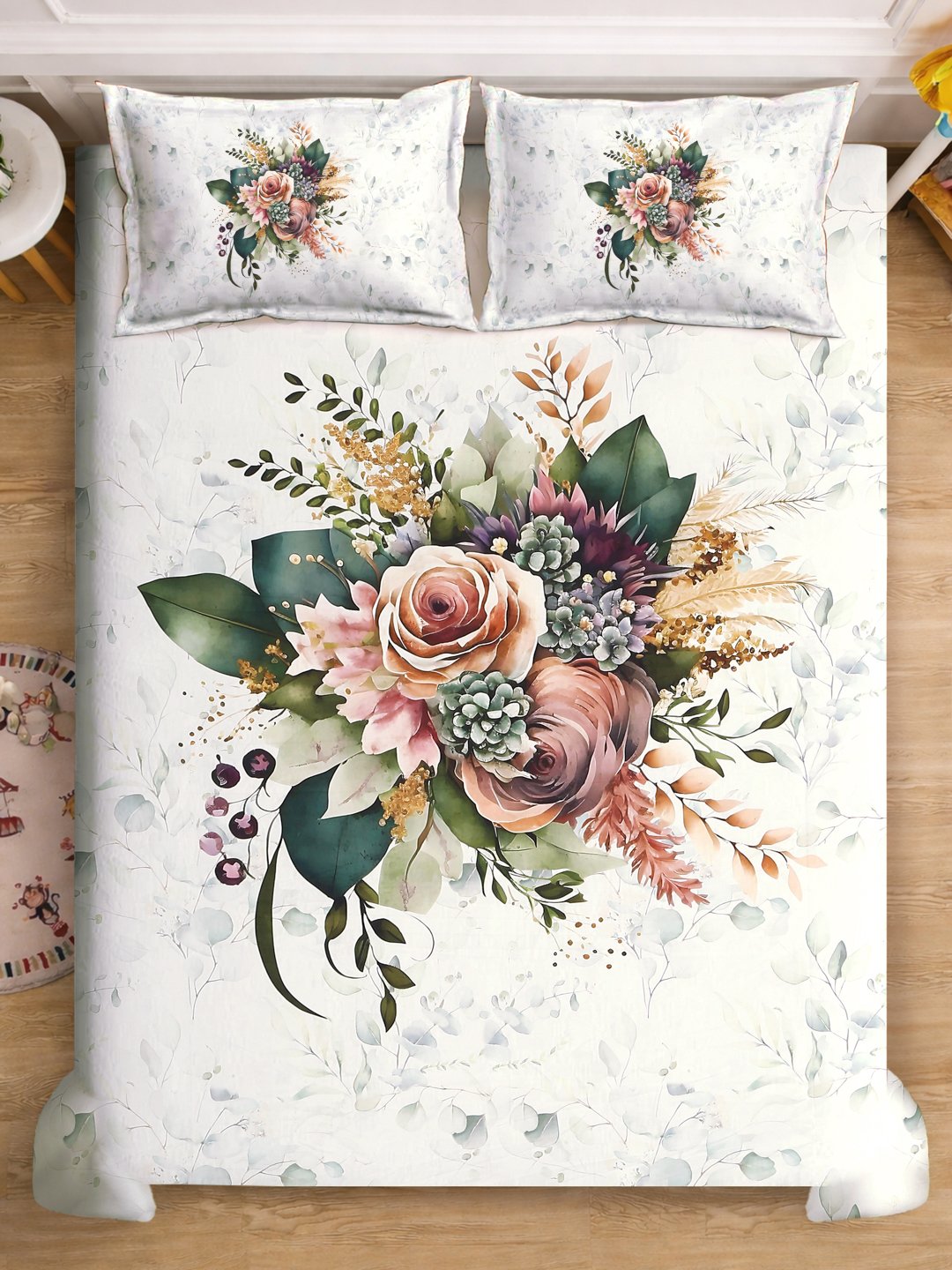 Cream 7D Floral Printed Fitted Cotton Blend Double Bedsheet with 2 Pillow Covers