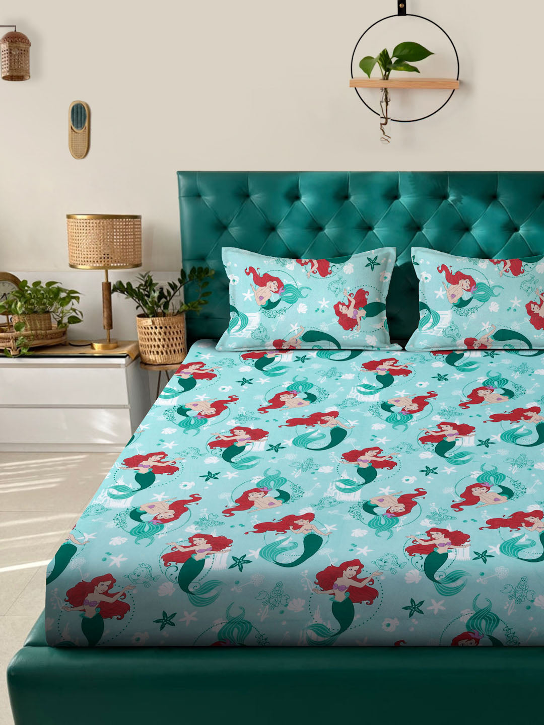 Klotthe Turquoise Cartoon Characters 400 TC Pure Cotton Fitted Double Bedsheet with 2 Pillow Covers