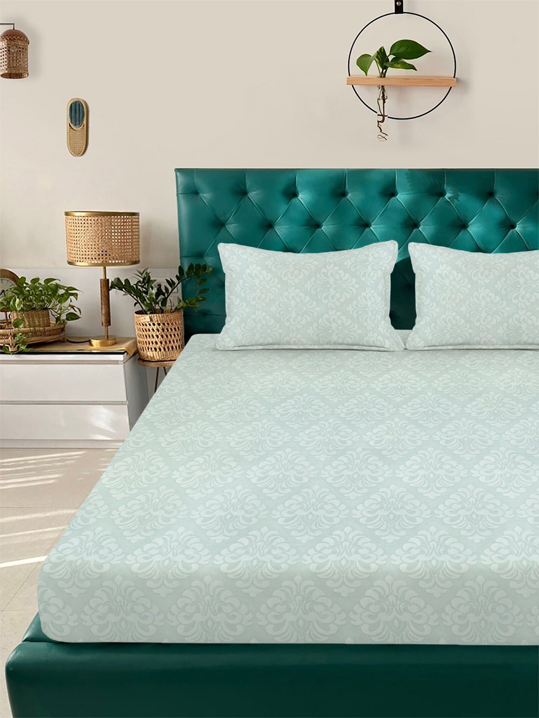 Green Floral Embossed Cotton Blend Double Bedsheet with 2 Pillow Covers