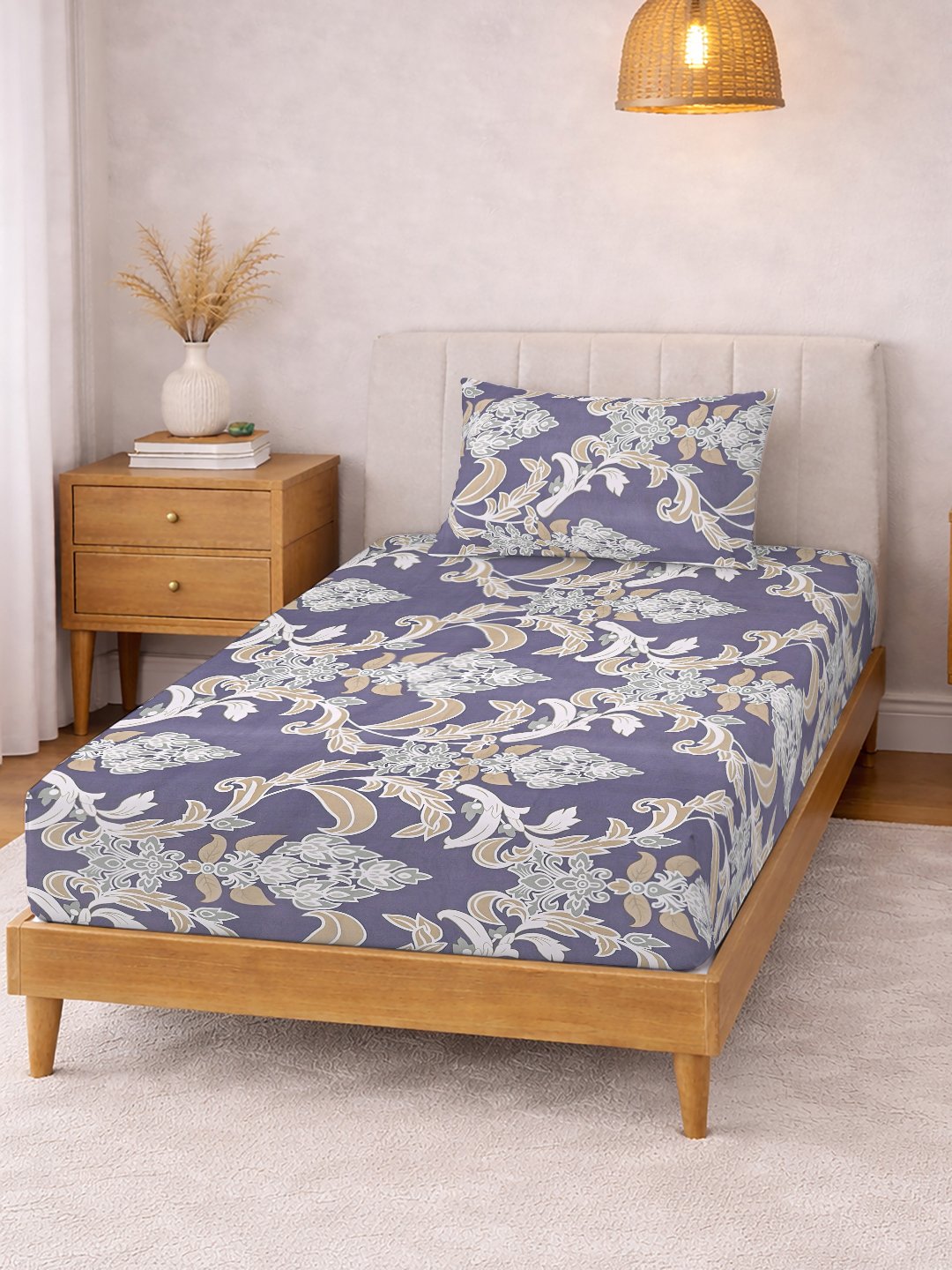 Purple Floral Cotton Blend Single Bedsheet with Pillow Cover