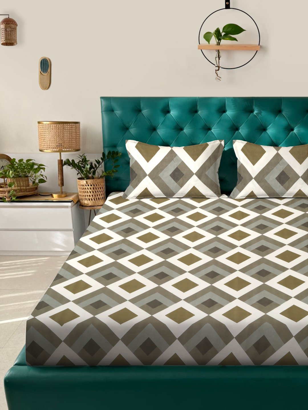 Multi Geometric  300 TC Cotton Blend Fitted Double Bedsheet with 2 Pillow Covers