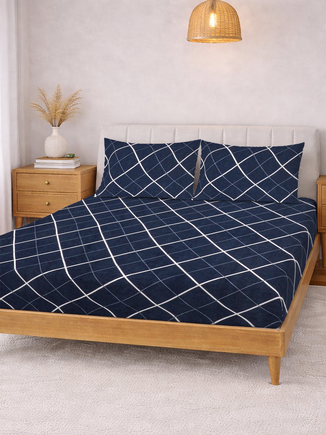 Blue Geometric Cotton Blend Fitted Double Bedsheet with 2 Pillow Covers