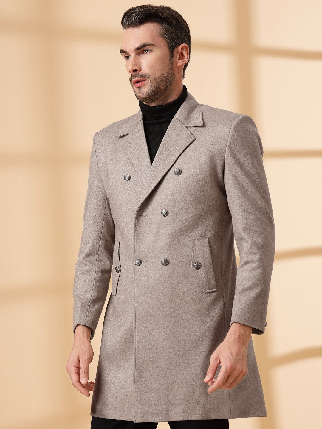 Beige Long Sleeve Double-Breasted Woolen Coat