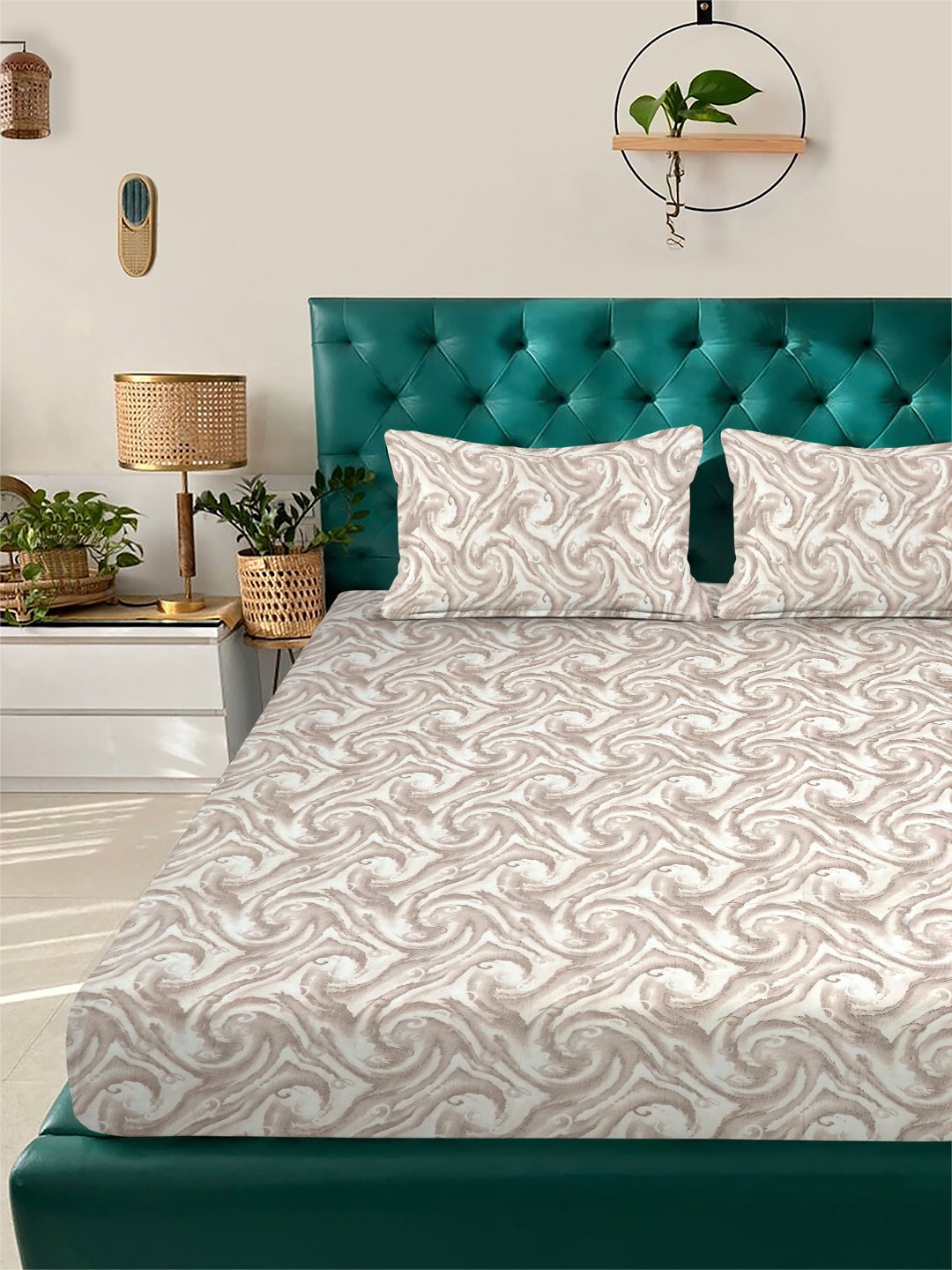 Beige Abstract 300 TC Cotton Blend Fitted Double Bedsheet with 2 Pillow Covers