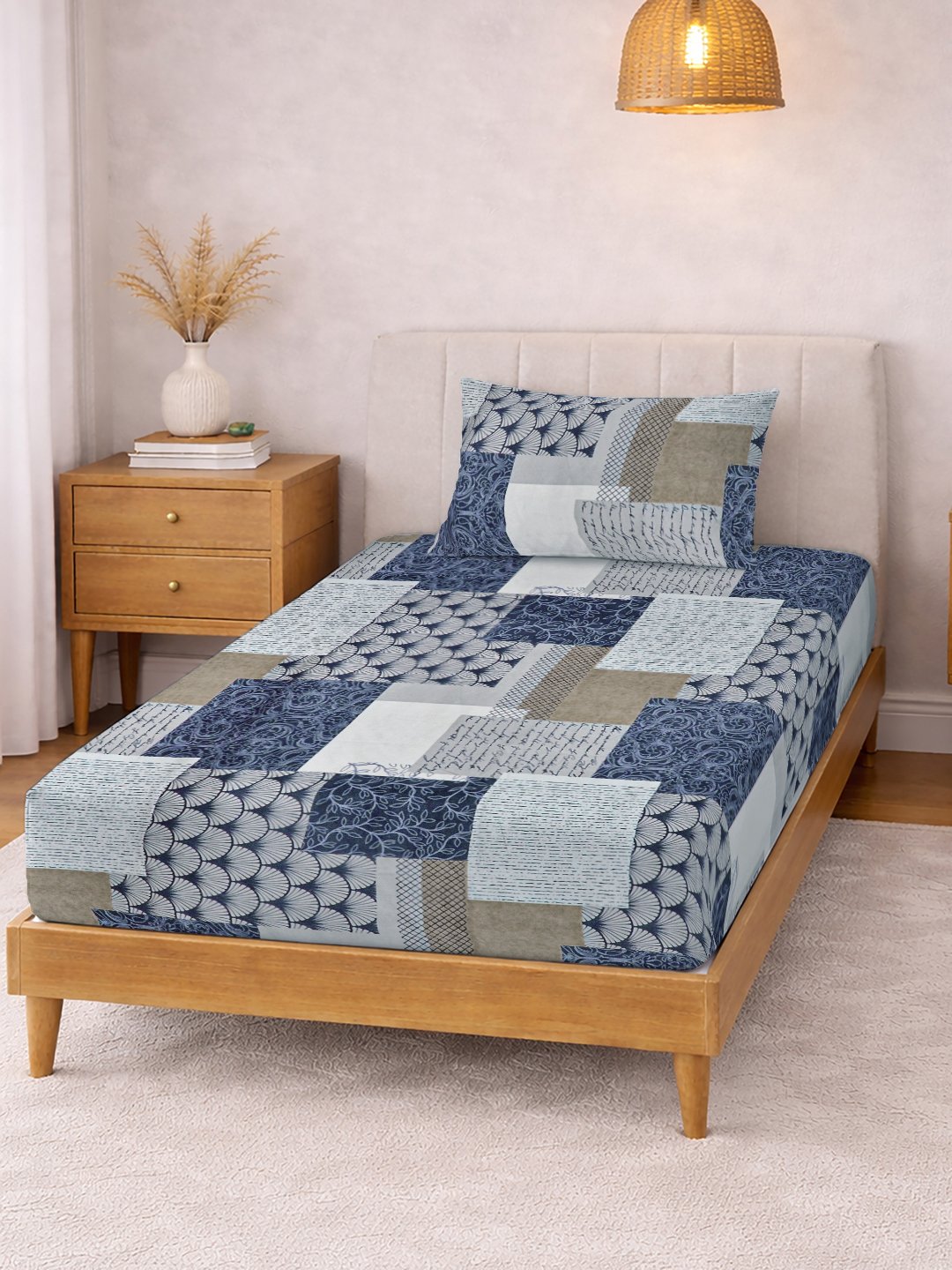 Multi Geometric Cotton Blend Fitted Single Bedsheet with Pillow Cover