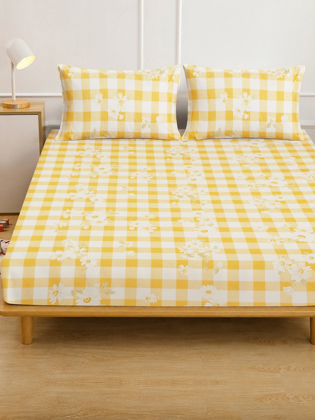 Yellow Floral Cotton Blend Fitted Double Bedsheet with 2 Pillow Covers