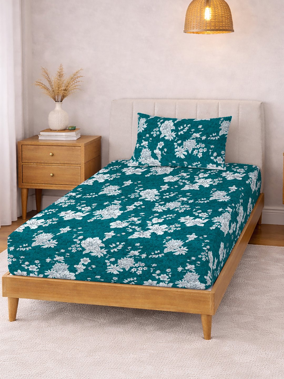 Green Floral Cotton Blend Single Bedsheet with Pillow Cover