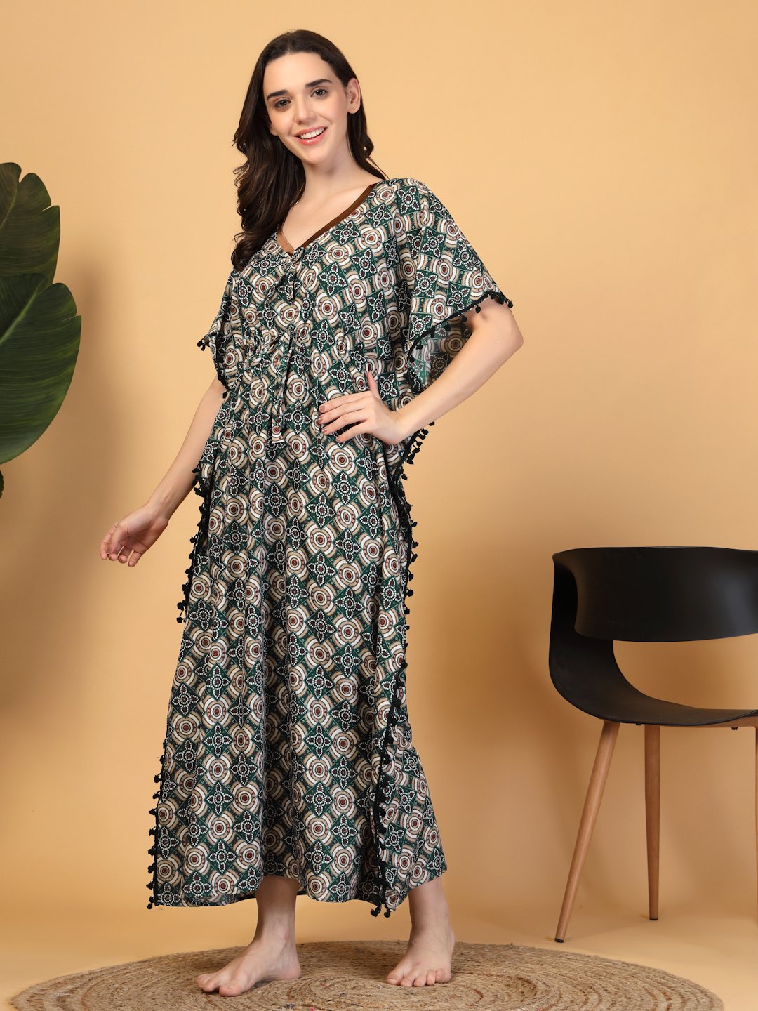 Green Floral Cotton Blend Kaftan Maxi Nightdress