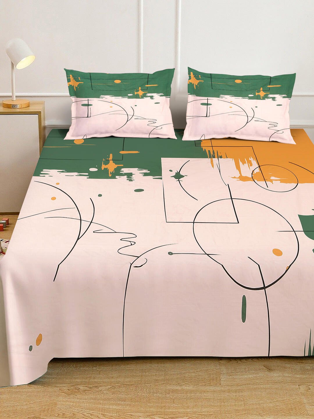 Cream Digital Geometric Printed Cotton Blend Double Bedsheet with 2 Pillow Covers