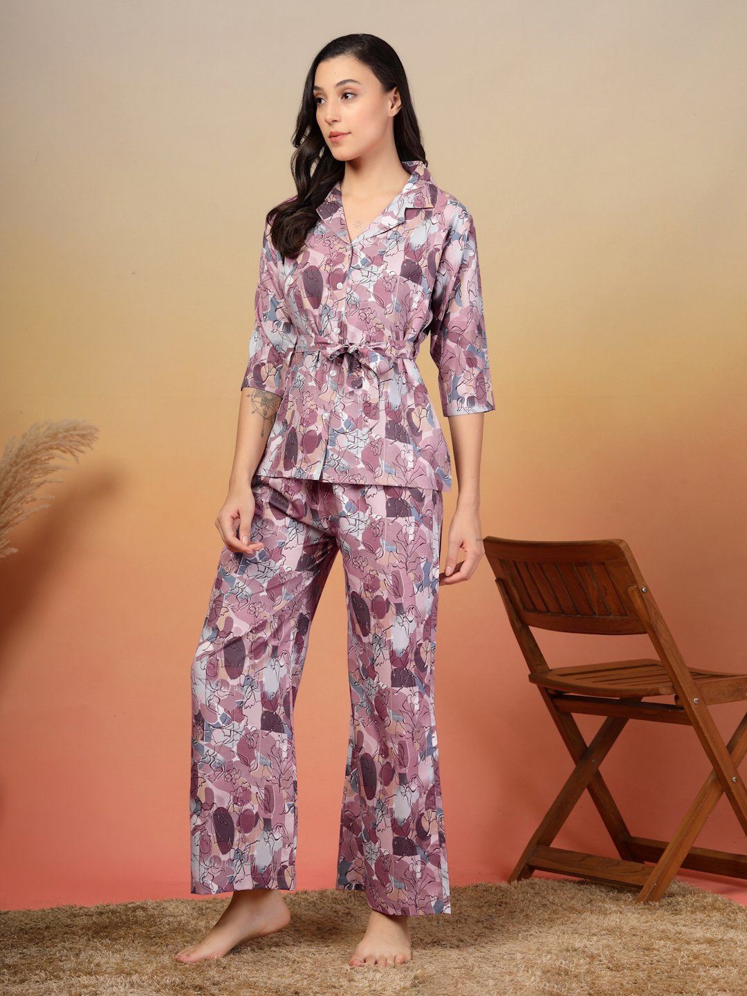 Women Purple Floral Cotton Blend Night Suit with Robe