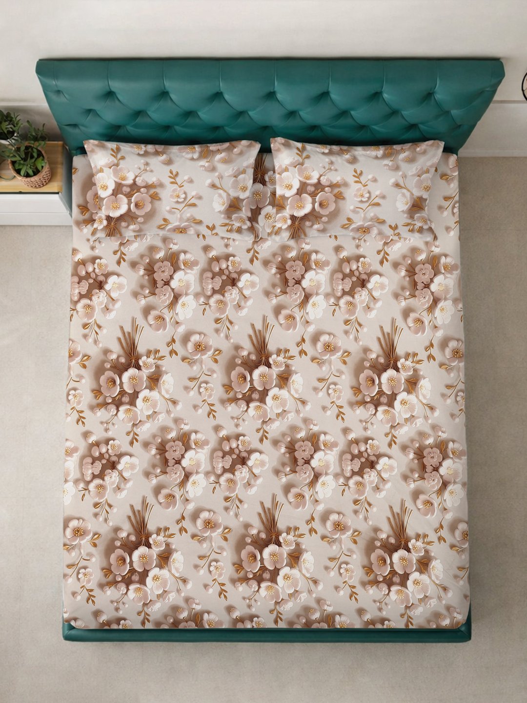 Cream Floral 7D King Size Cotton Blend Fitted Double Bedsheet with 2 Pillow Covers