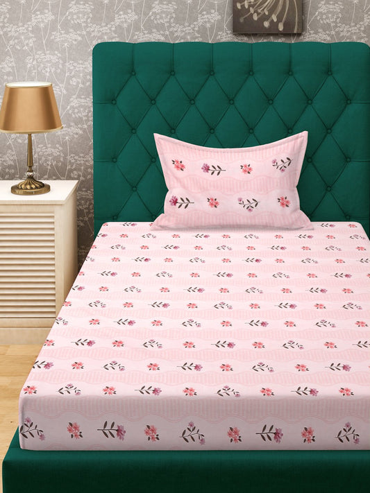 Pink Floral 300 TC Cotton Blend Fitted Single Bedsheet with Pillow Cover