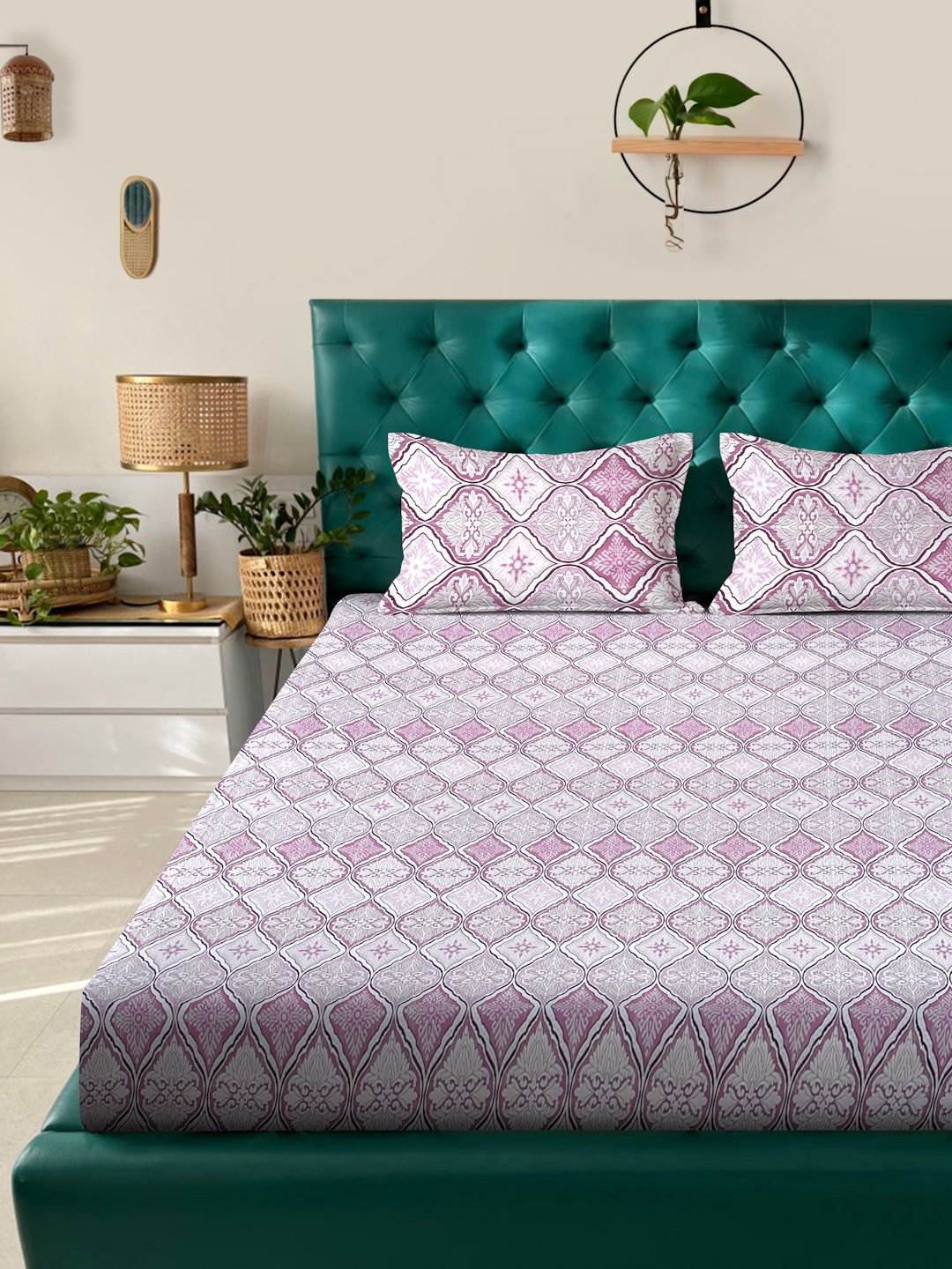 Purple Floral 400 TC Pure Cotton Double Bedsheet with 2 Pillow Covers