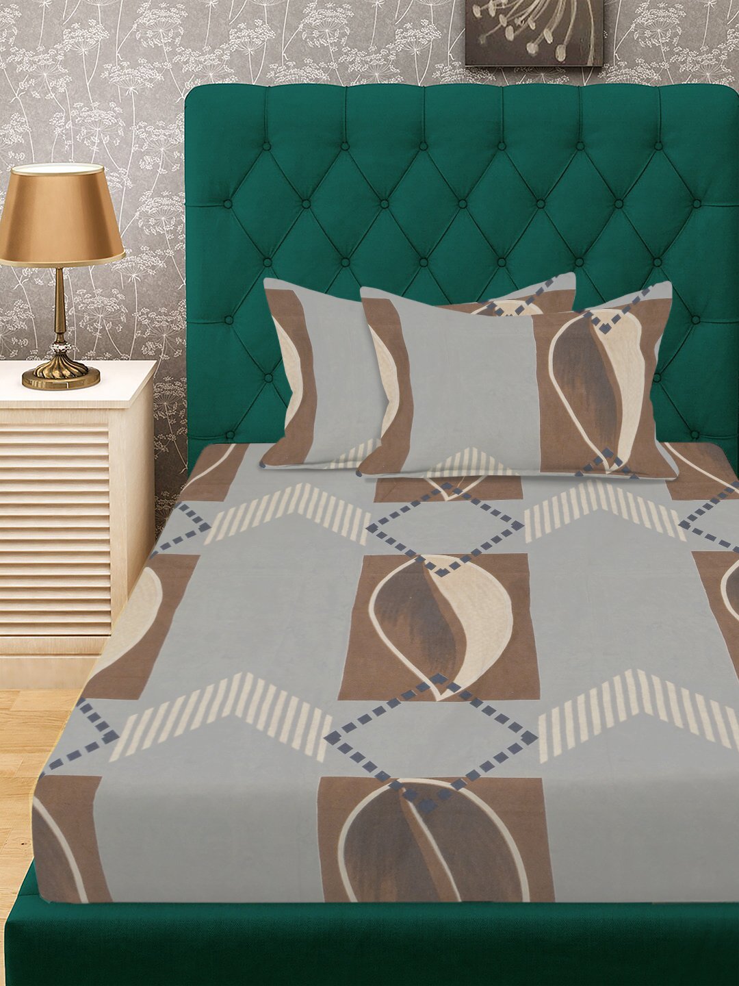 Multi Geometric 300 TC Cotton Blend Fitted Single Bedsheet with 2 Pillow Covers
