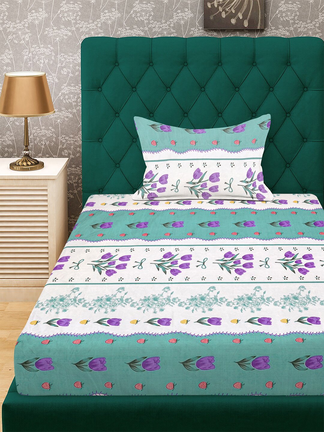 Green Floral 300 TC Cotton Blend Fitted Single Bedsheet with Pillow Cover