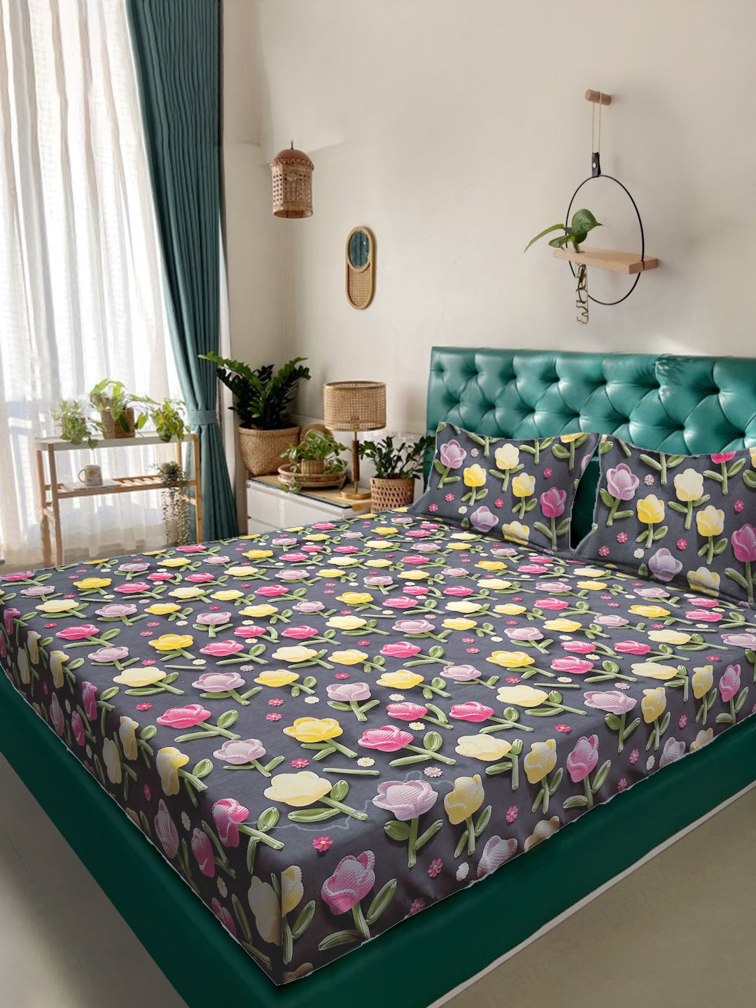 Grey Floral 7D King Size Cotton Blend Double Bedsheet with 2 Pillow Covers
