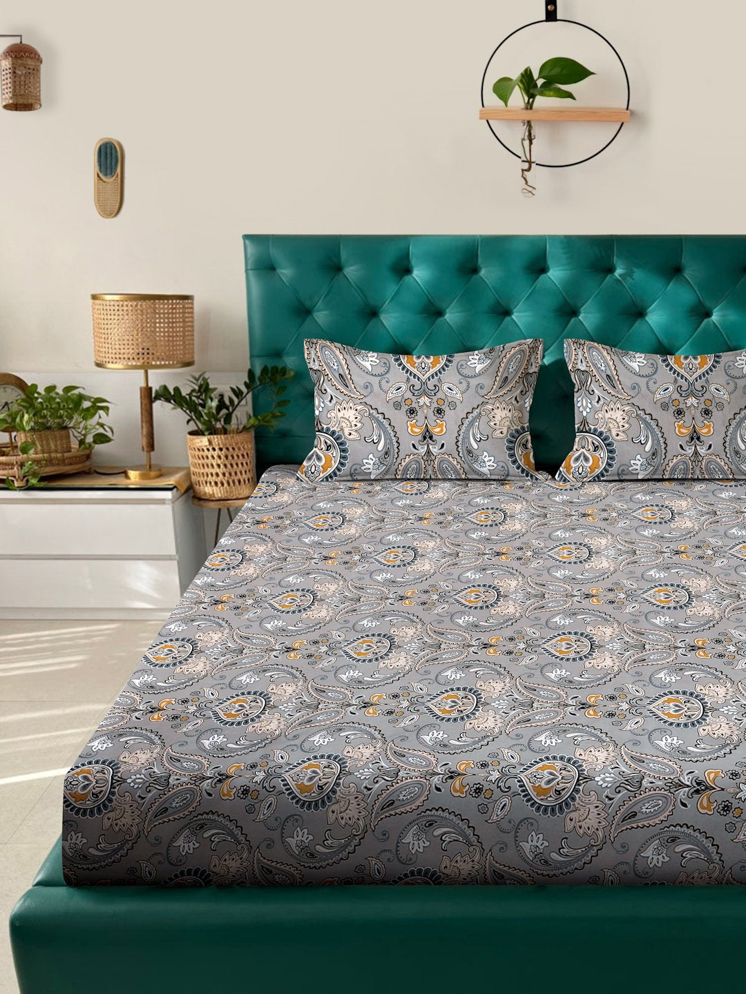 Grey Ethnic Motifs 300 TC Cotton Blend Super King Double Bedsheet in Book Fold Packing