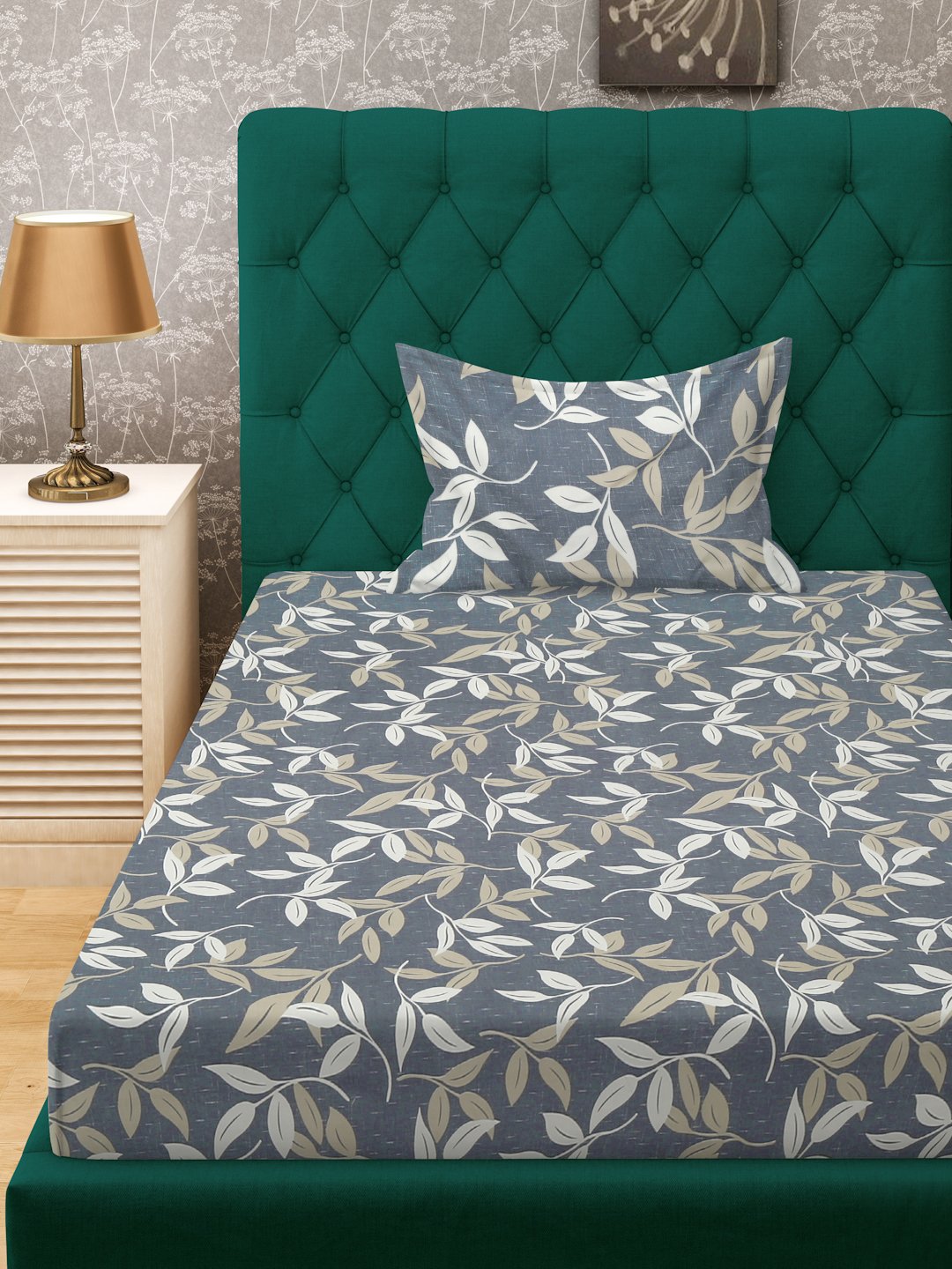 Grey Floral 300 TC Cotton Blend Single Bedsheet with Pillow Cover