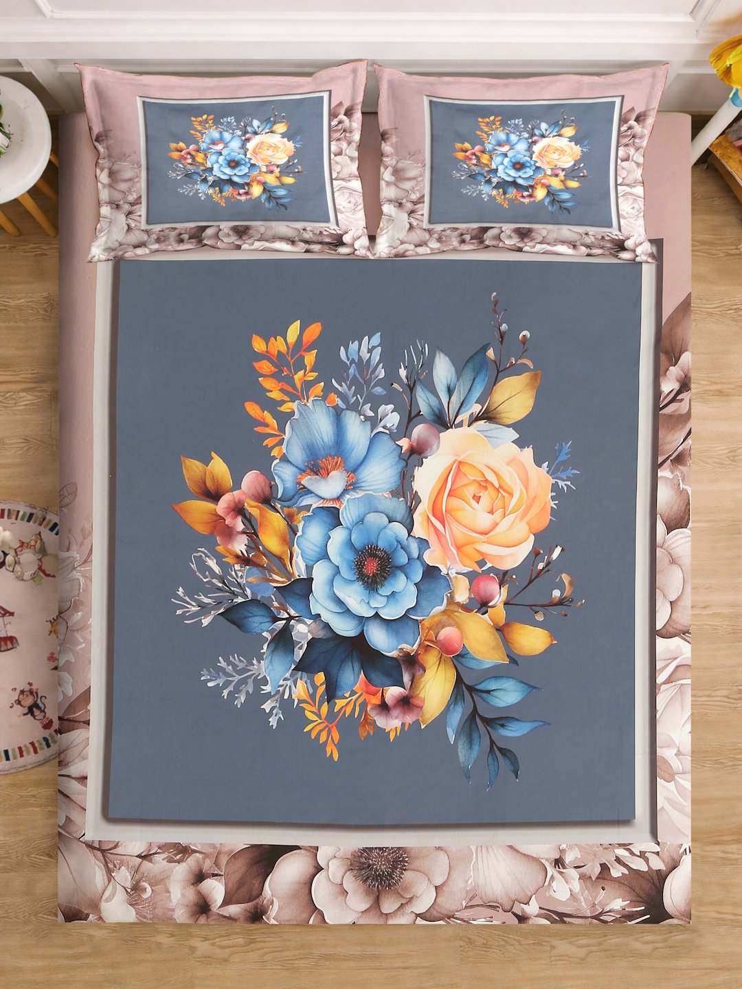 Brown Digital Floral Printed Cotton Blend Double Bedsheet with 2 Pillow Covers