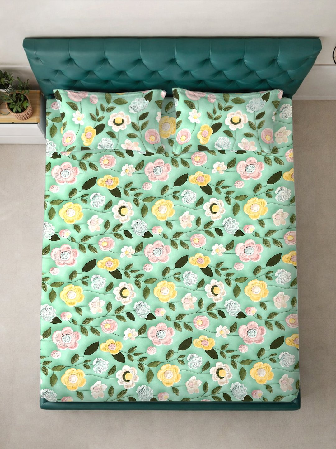 Green Floral 7D King Size Cotton Blend Fitted Double Bedsheet with 2 Pillow Covers