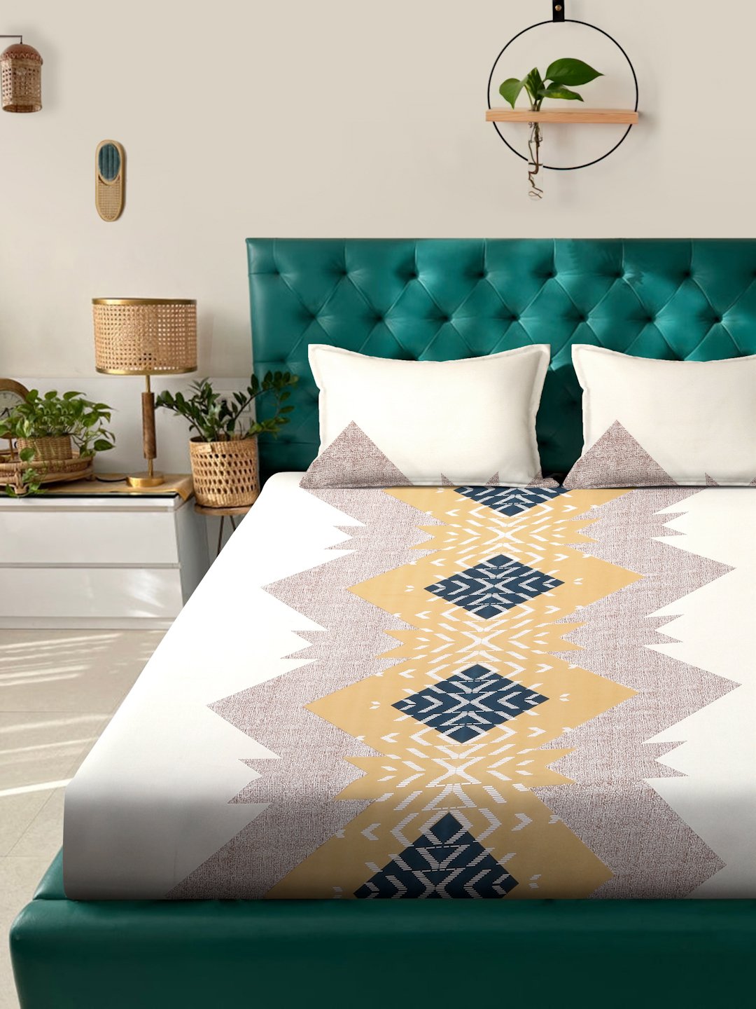 Book Fold Multi Geometric 300 TC Cotton Blend Fitted Double Bedsheet with 2 Pillow Covers