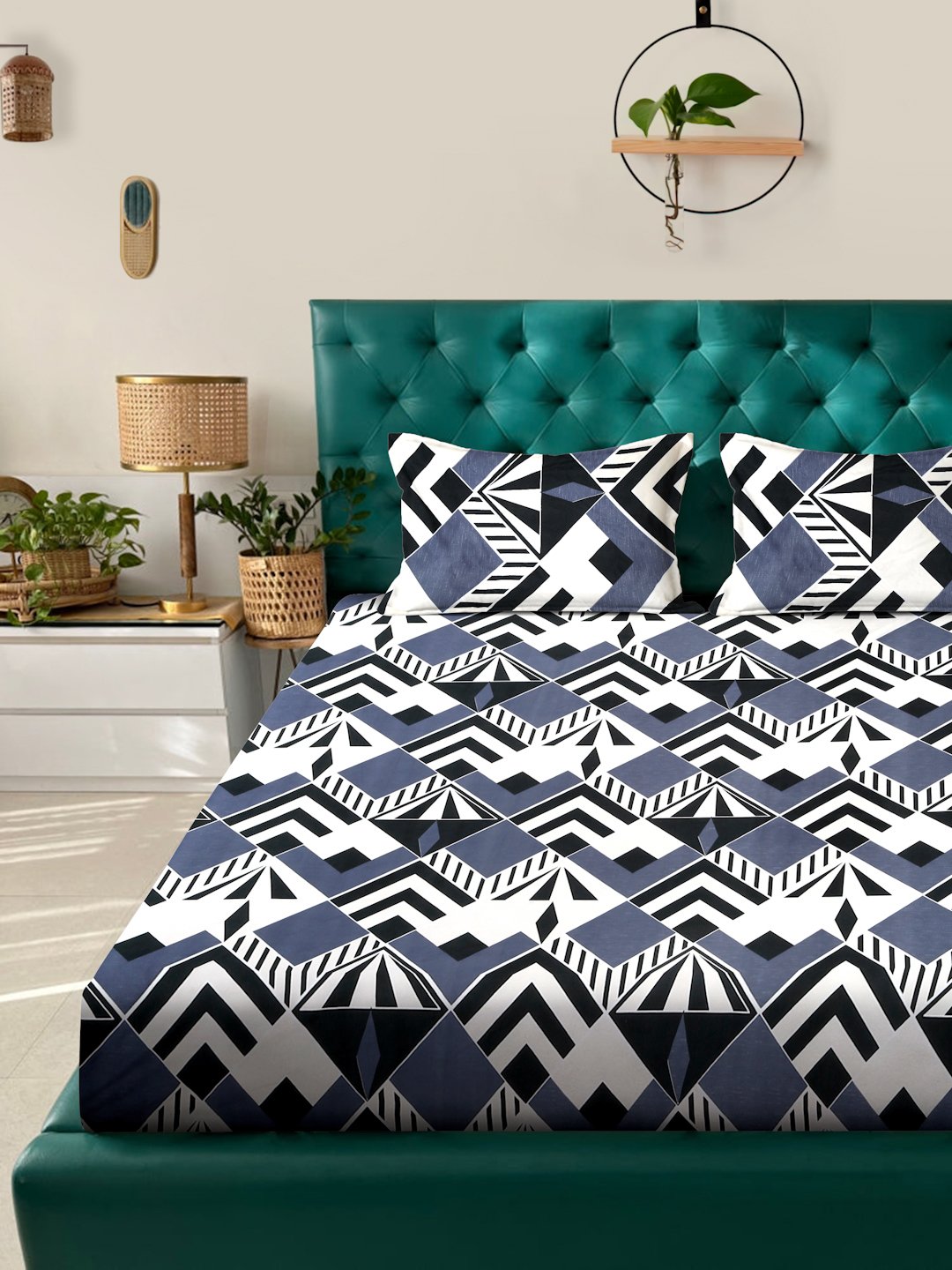 Geometric 300 TC Cotton Blend Fitted Double Bedsheet in Book Fold Packing