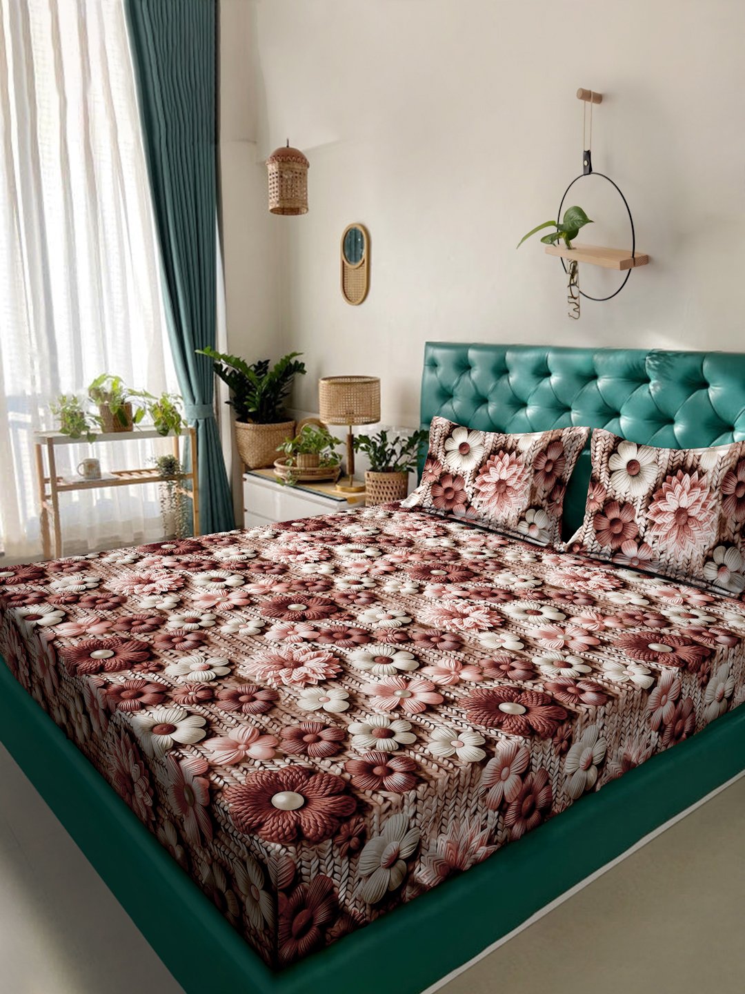 Brown Floral 7D King Size Cotton Blend Double Bedsheet with 2 Pillow Covers