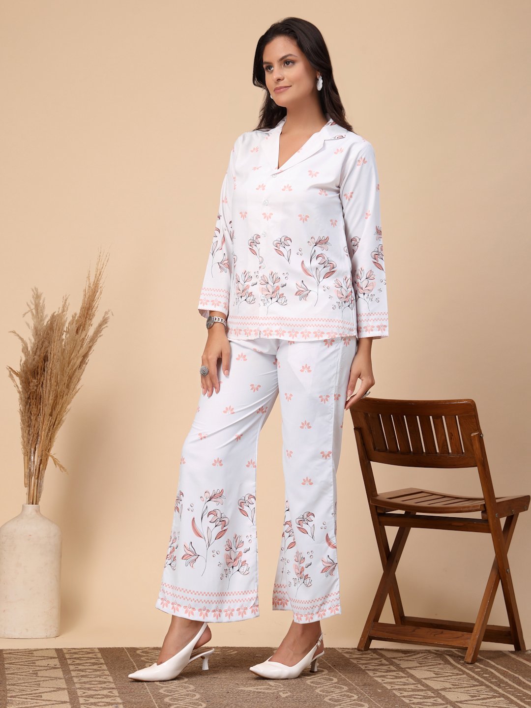 White Cotton Printed Shirt With Trousers Co-Ords Set