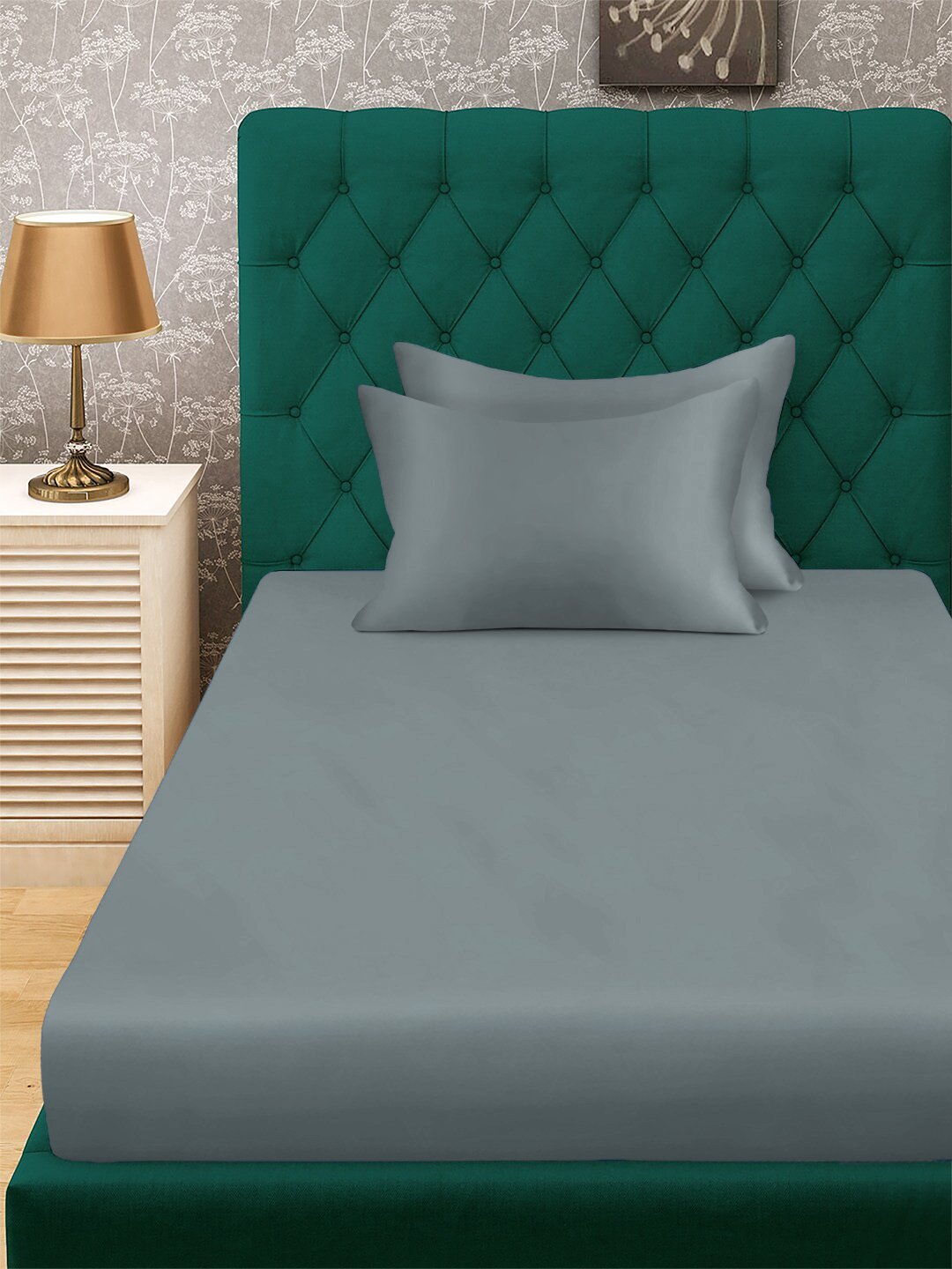 Grey Solid 300 TC Cotton Blend Fitted Single Bedsheet with 2 Pillow Covers