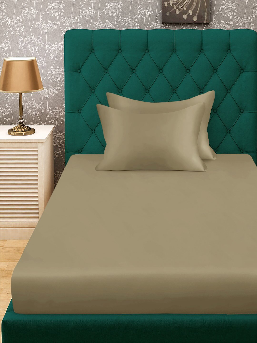 Beige Solid 300 TC Cotton Blend Single Bedsheet with 2 Pillow Covers