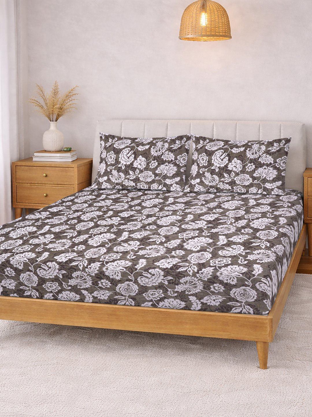 Brown Floral Cotton Blend Double Bedsheet with 2 Pillow Covers