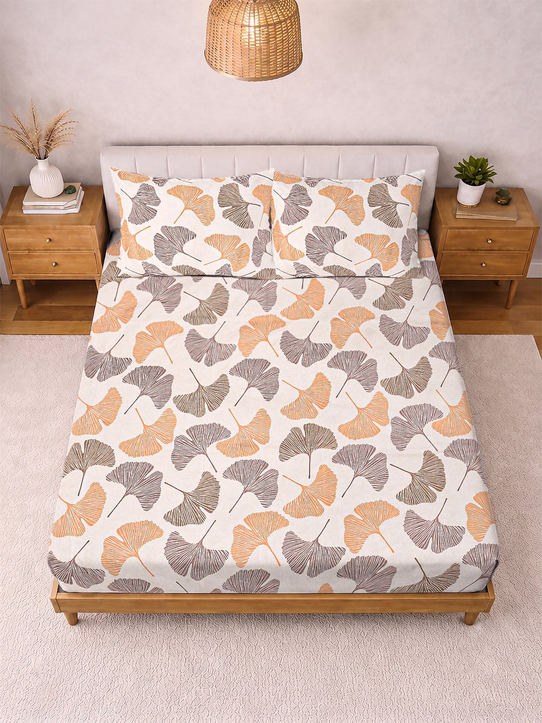 Beige Floral Cotton Blend Double Bedsheet with 2 Pillow Covers