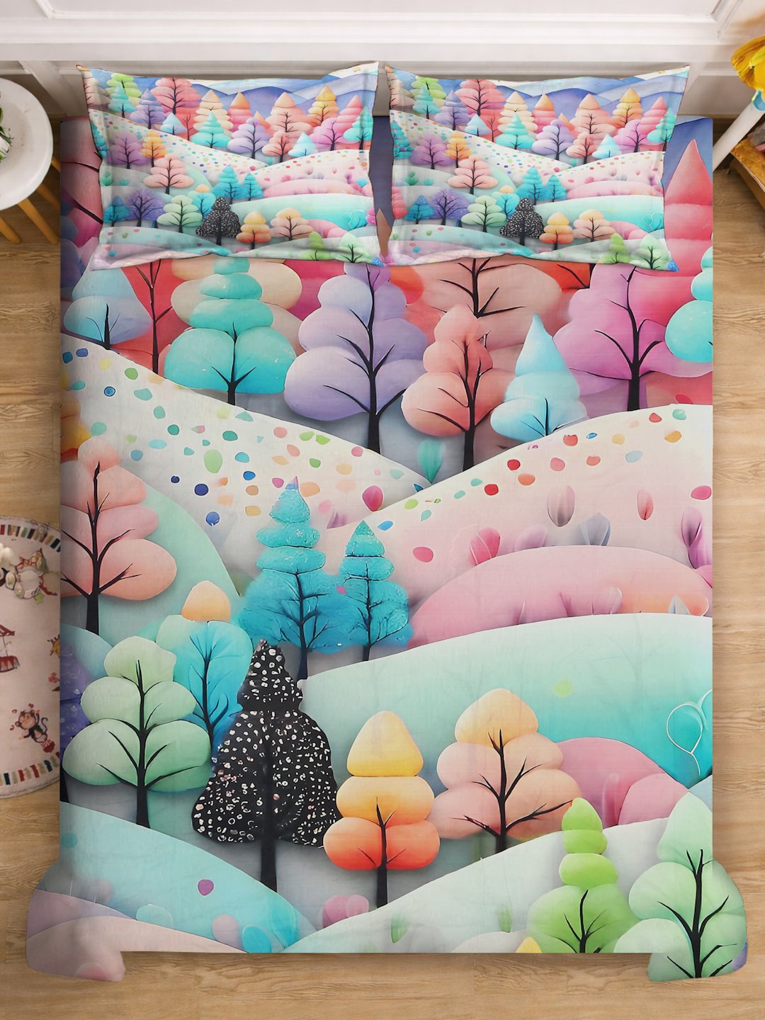 Multi 7D Floral Printed Cotton Blend Double Bedsheet with 2 Pillow Covers