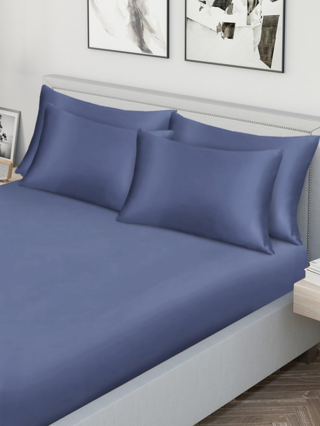 Blue Solid 300 TC Cotton Blend Fitted Double Bedsheet with 4 Pillow Covers