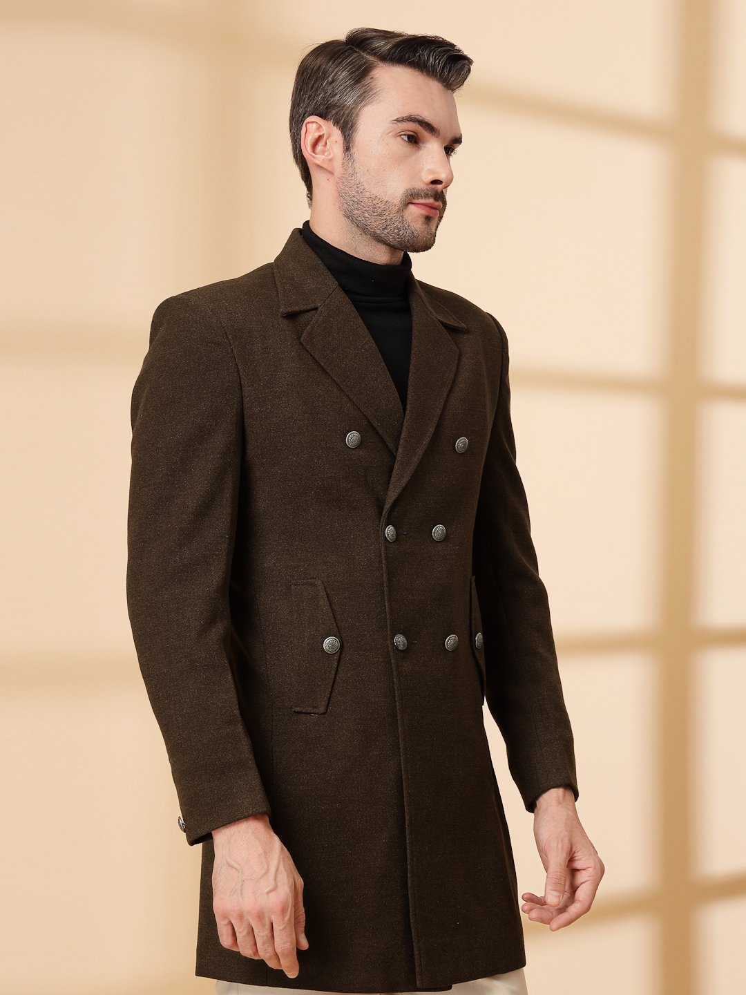 Dark Brown Long Sleeve Double-Breasted Woolen Coat