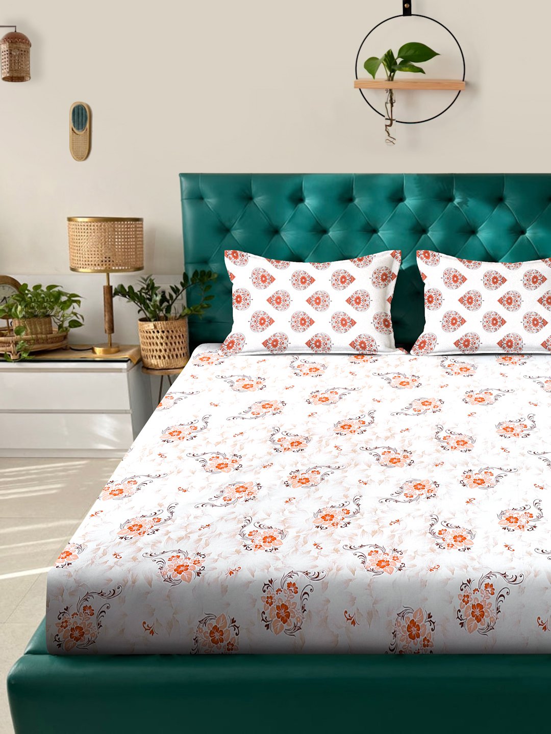 Orange Floral 400 TC Pure Cotton Double Bedsheet with 2 Pillow Covers