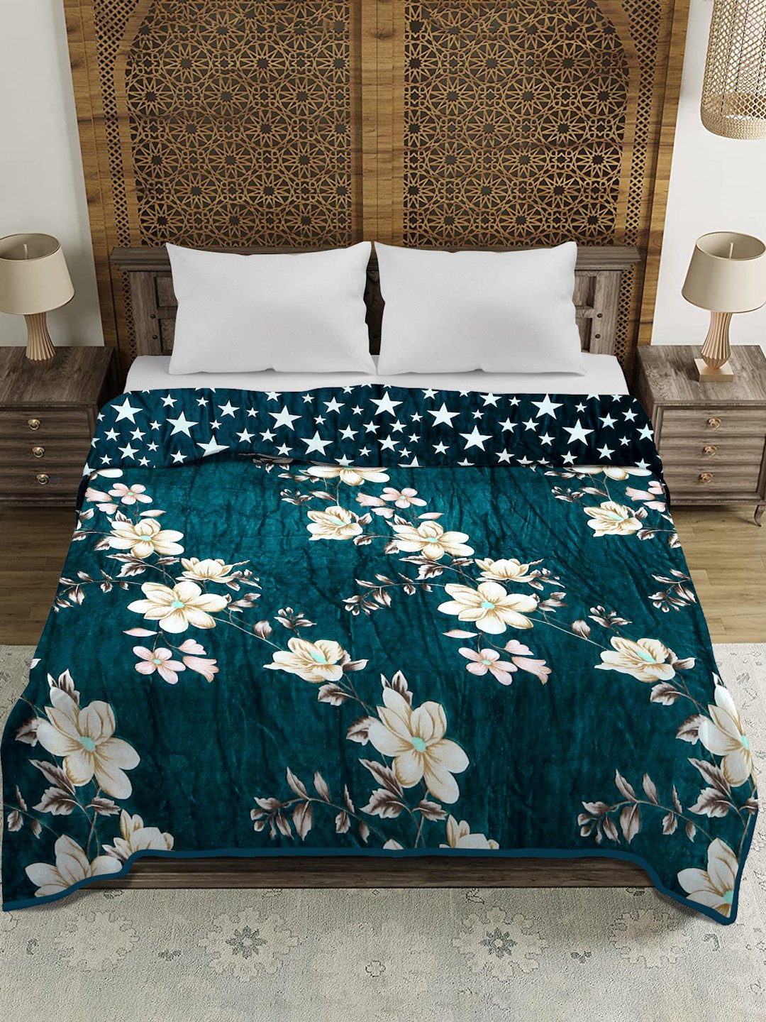Green Woolen Floral Double Bed Dohar