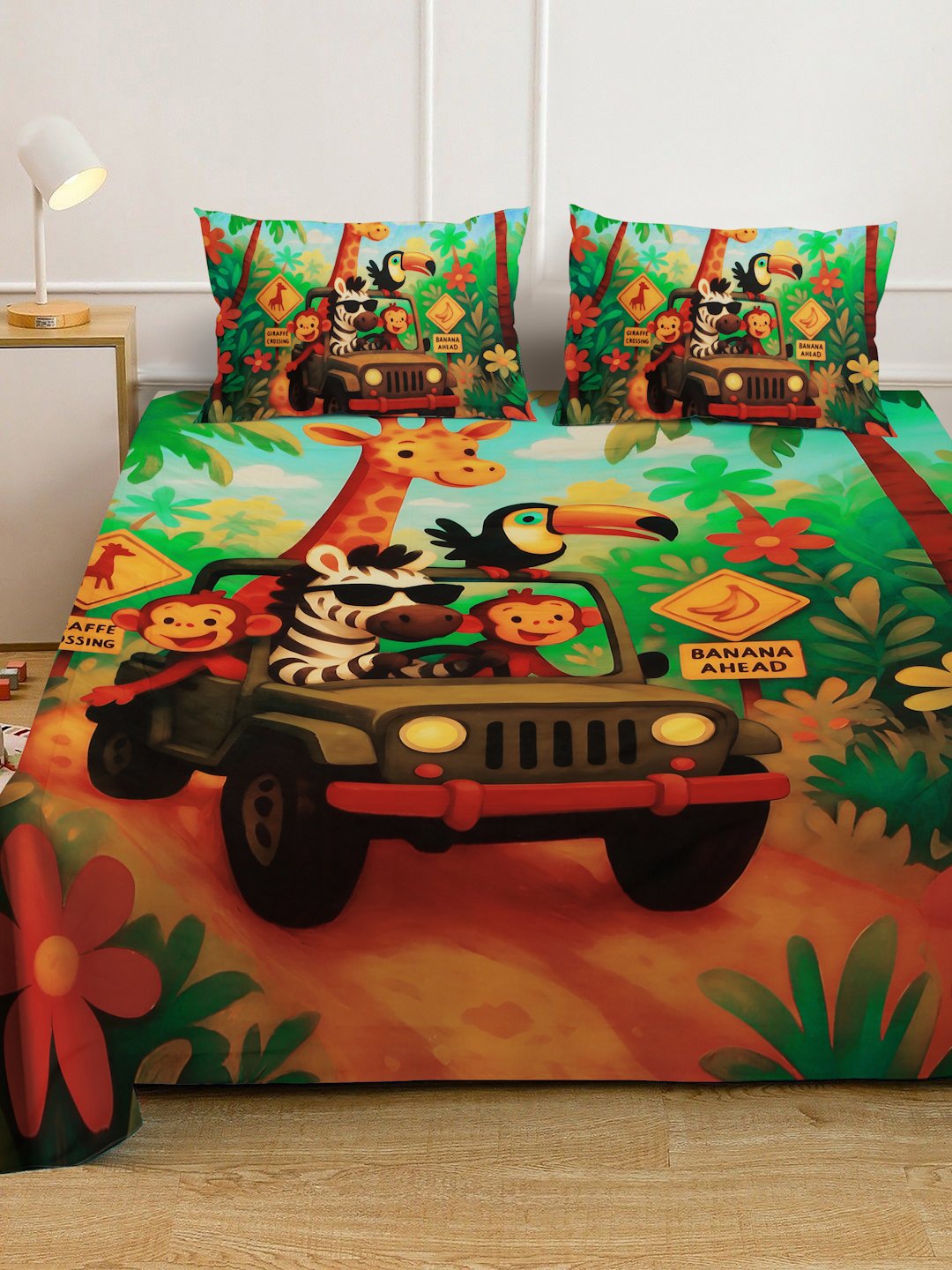 Multi Digital Animal Printed Cotton Blend Fitted Double Bedsheet with 2 Pillow Covers