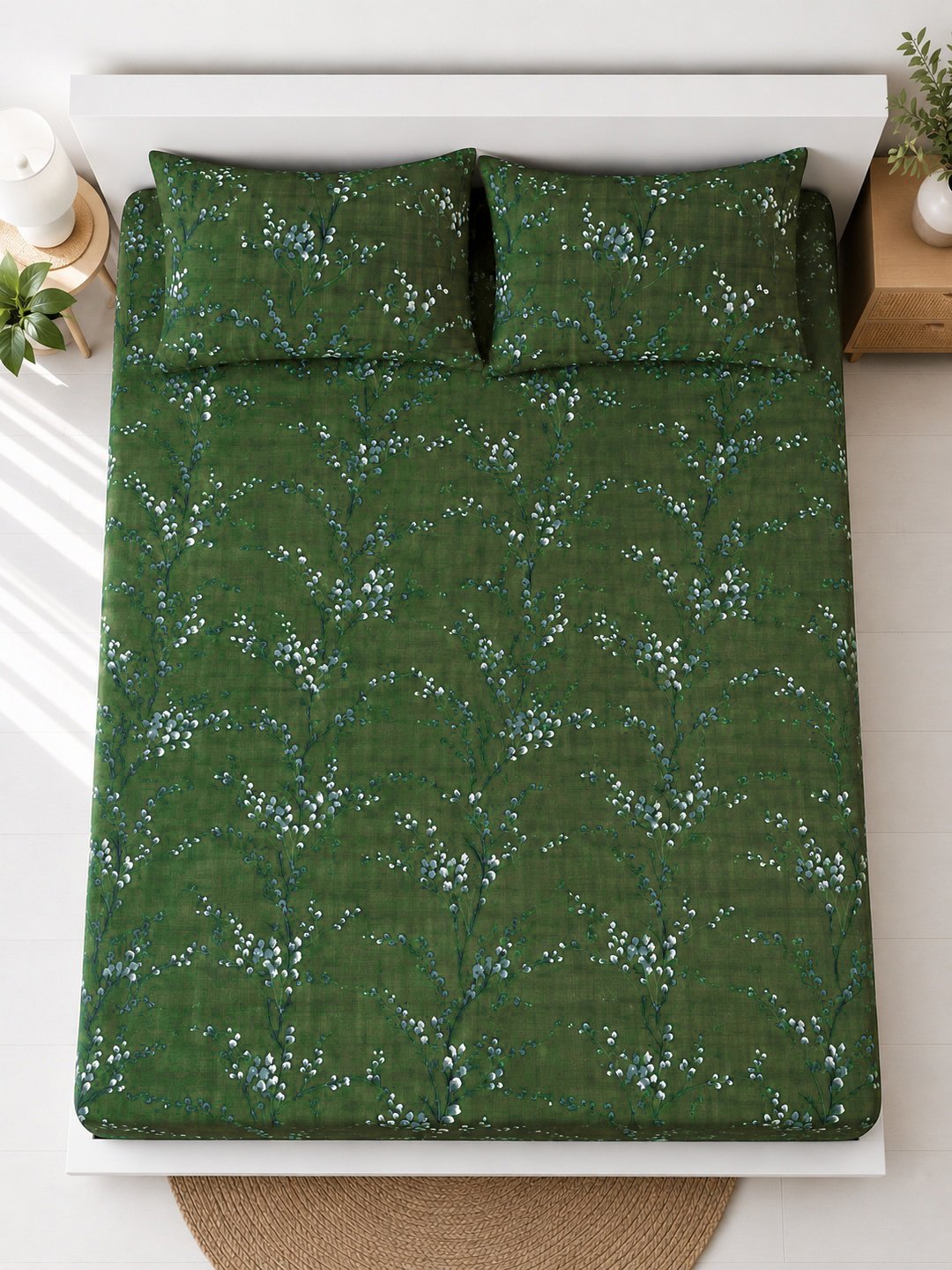Green Floral Cotton Blend Double Bedsheet with 2 Pillow Covers