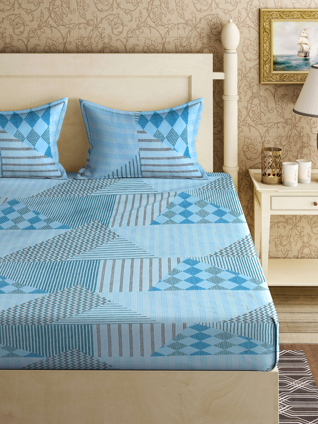 Klotthe SkyBlue Geometric 300 TC Cotton Blend Fitted Super King Double Bedsheet with 2 Pillow covers