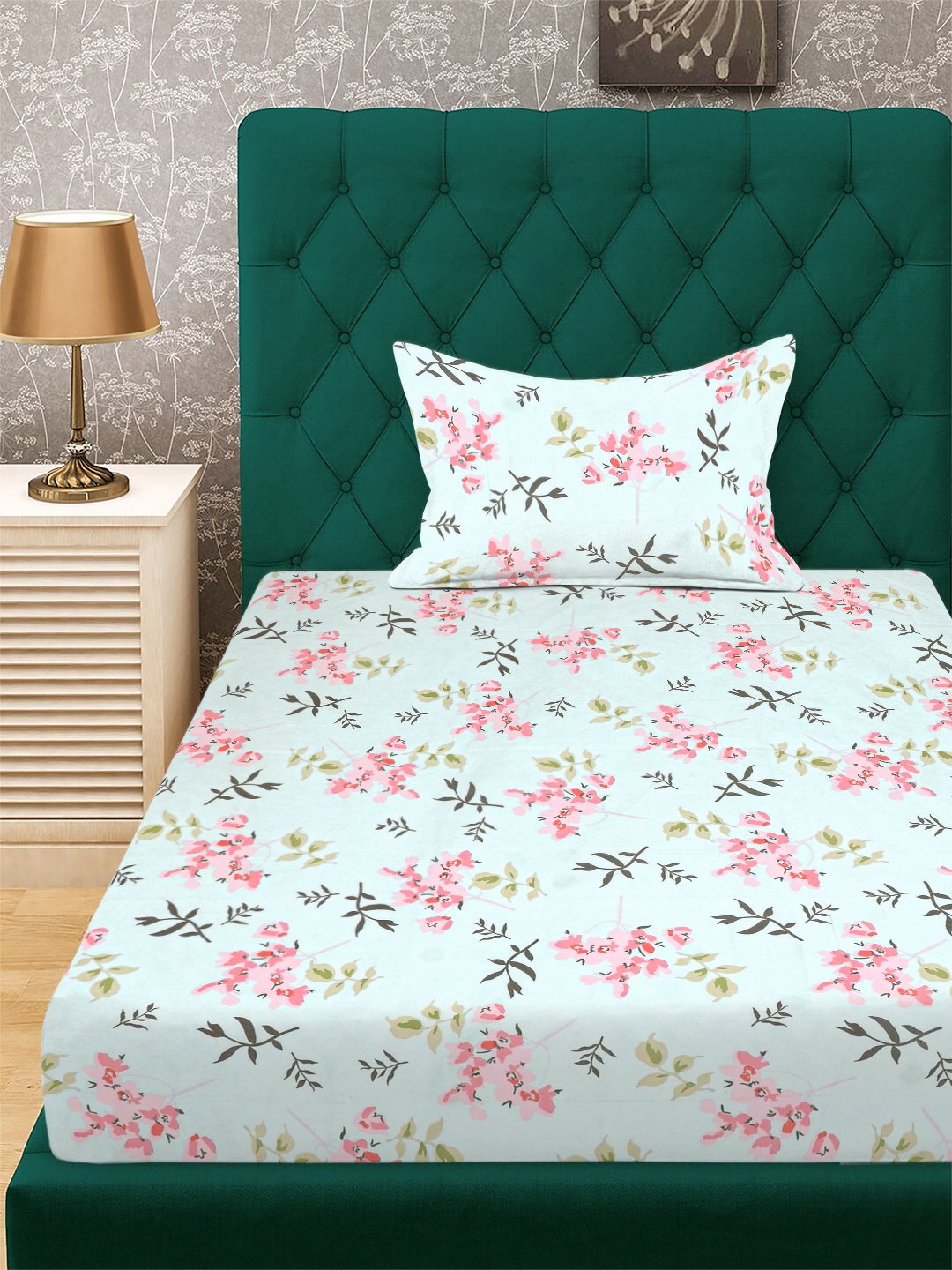 Green Floral 300 TC Cotton Blend Single Bedsheet with Pillow Cover