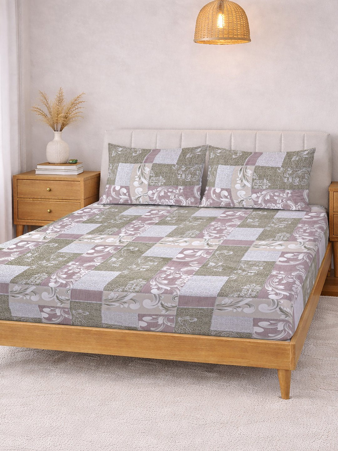 Multi Floral Cotton Blend Fitted Double Bedsheet with 2 Pillow Covers